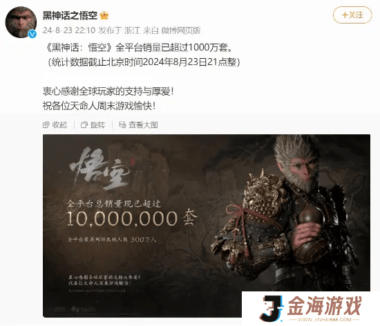 《黑神话悟空》PS5销量占比超两成，总销量达2800万份！